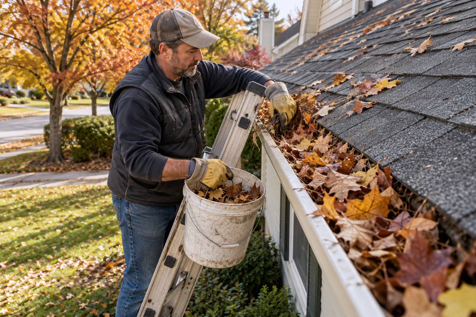A worker in gloves standing on a ladder, scooping wet fall leaves out of a clogged gutter into a bucket, with autumn trees behind the house. Illustrative photo of a hand gutter cleaning; not a professional we refer.