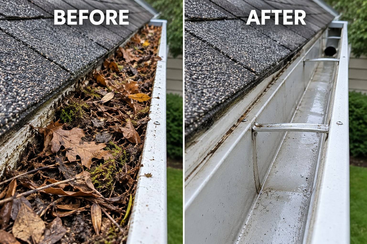 Before and after comparison of the same gutter: on the left packed with wet leaves, twigs and moss, on the right cleaned and rinsed down to bare metal with an open downspout hole. Illustrative photo of the result a thorough cleaning should leave; not a specific job.